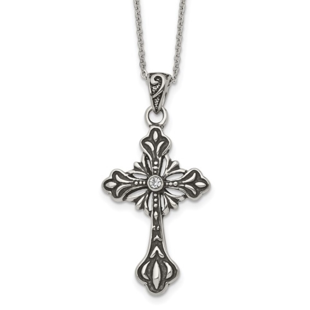 Chisel Stainless Steel Antiqued Crystal Cross 18in Necklace